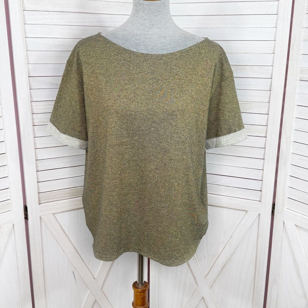 MNG Mango Cuffed Sleeve Metallic Shimmer Knit Tee Shirt Gold Small